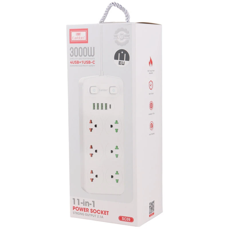 چند راهی 6 خانه برق ارت دار ارلدام ES-SC09 با کابل 2 متری + شارژر USB و Type-C