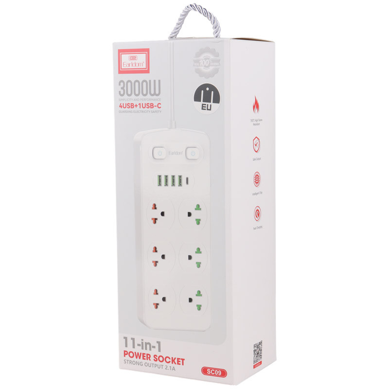 چند راهی 6 خانه برق ارت دار ارلدام ES-SC09 با کابل 2 متری + شارژر USB و Type-C