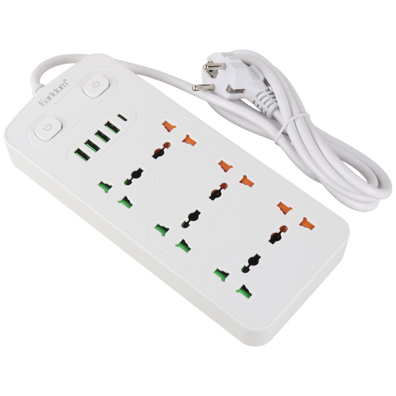 چند راهی 6 خانه برق ارت دار ارلدام ES-SC09 با کابل 2 متری + شارژر USB و Type-C