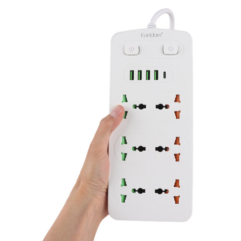 چند راهی 6 خانه برق ارت دار ارلدام ES-SC09 با کابل 2 متری + شارژر USB و Type-C