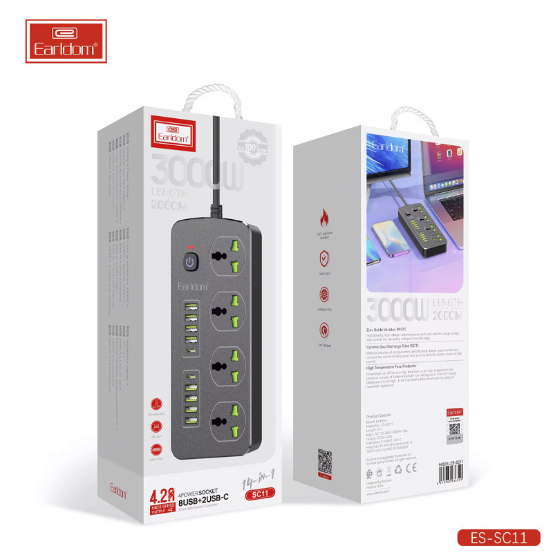 چند راهی 4 خانه برق ارت دار ارلدام ES-SC11 با کابل 2 متری + شارژر USB و Type-C