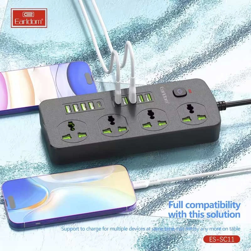 چند راهی 4 خانه برق ارت دار ارلدام ES-SC11 با کابل 2 متری + شارژر USB و Type-C