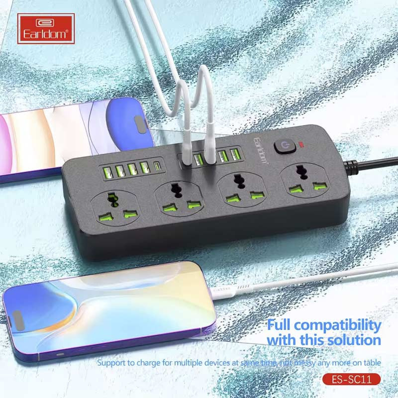چند راهی 4 خانه برق ارت دار ارلدام ES-SC11 با کابل 2 متری + شارژر USB و Type-C