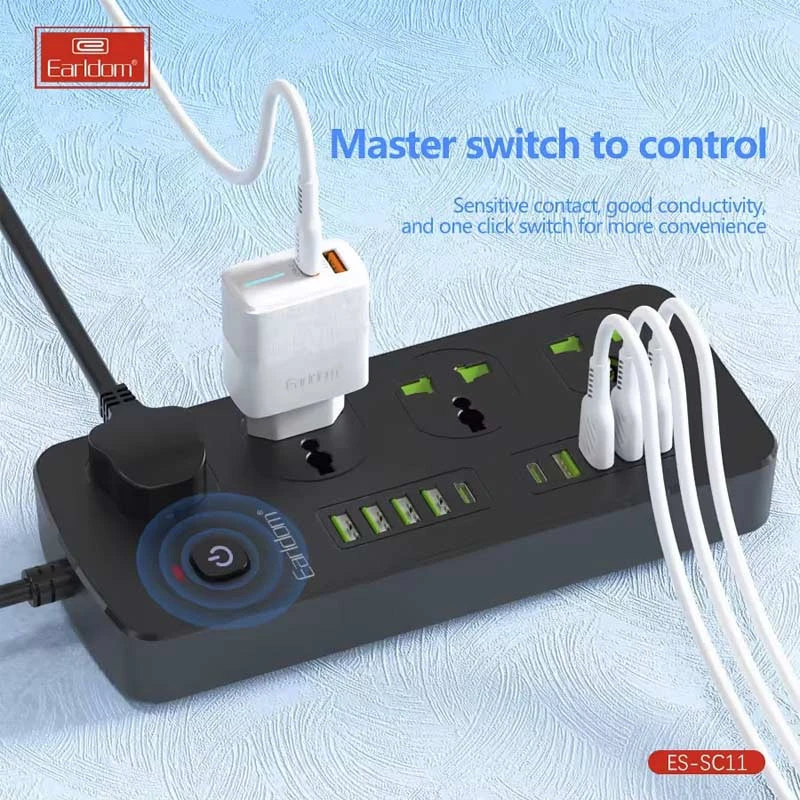 چند راهی 4 خانه برق ارت دار ارلدام ES-SC11 با کابل 2 متری + شارژر USB و Type-C