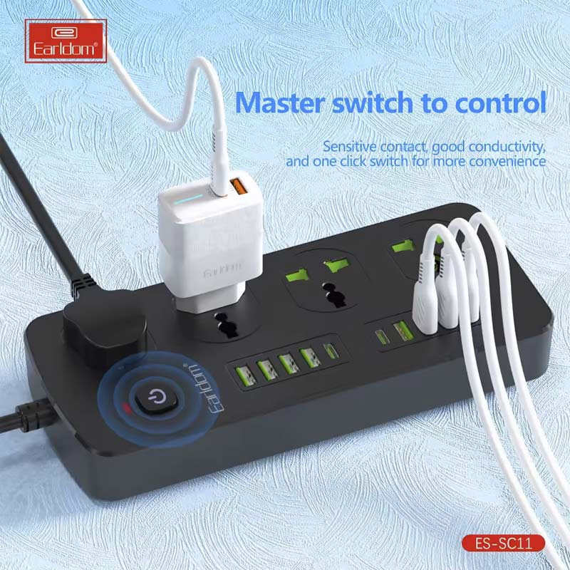 چند راهی 4 خانه برق ارت دار ارلدام ES-SC11 با کابل 2 متری + شارژر USB و Type-C
