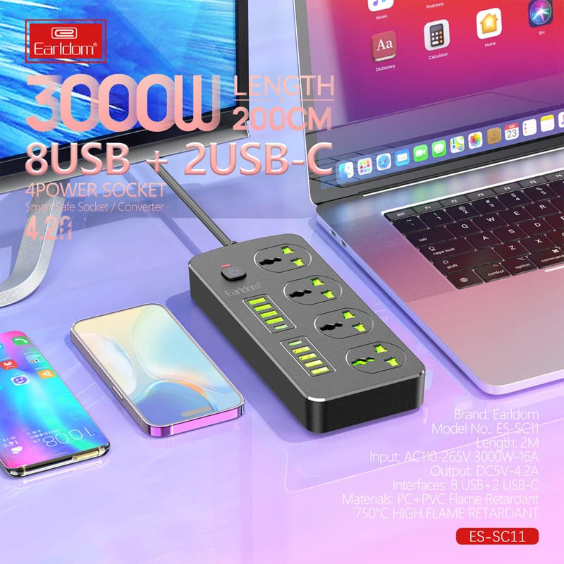 چند راهی 4 خانه برق ارت دار ارلدام ES-SC11 با کابل 2 متری + شارژر USB و Type-C