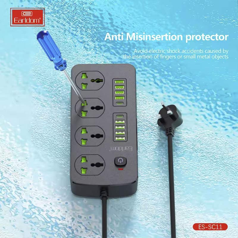 چند راهی 4 خانه برق ارت دار ارلدام ES-SC11 با کابل 2 متری + شارژر USB و Type-C
