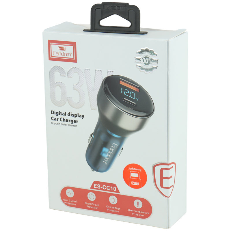 شارژر فندکی فست شارژ Earldom ES-CC10 QC3.0 PD 3.6A 63W + کابل آیفونی
