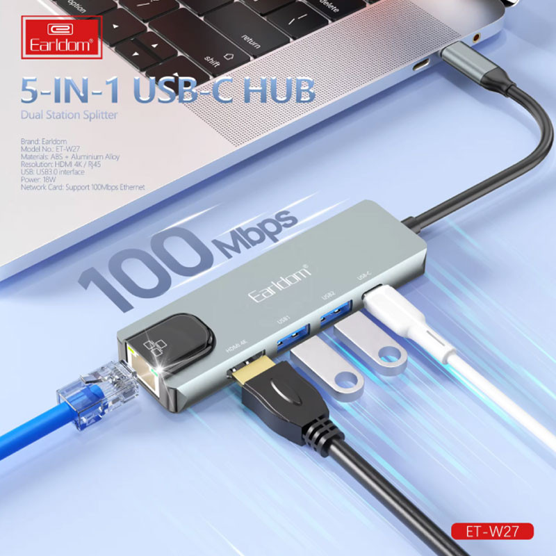 هاب Earldom ET-W27 Type-C To USB3.0/USB2.0/HDMI/RJ45/Type-C