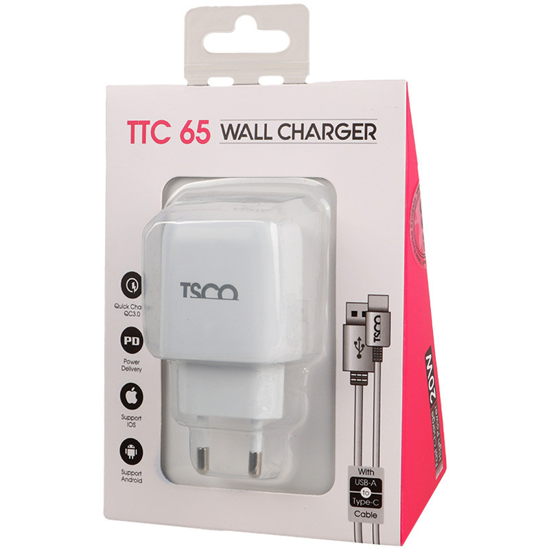 شارژر دیواری فست شارژ TSCO TTC 65 QC3.0 PD 3A 20W + کابل تایپ سی