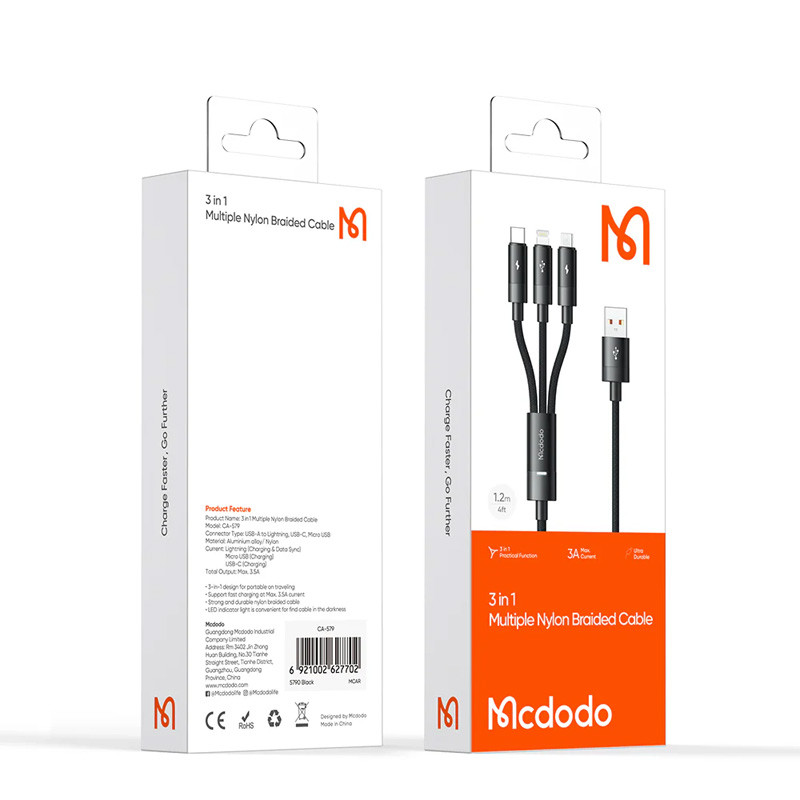 کابل ۳ سر فست شارژ Mcdodo CA-579 3A 1.2m