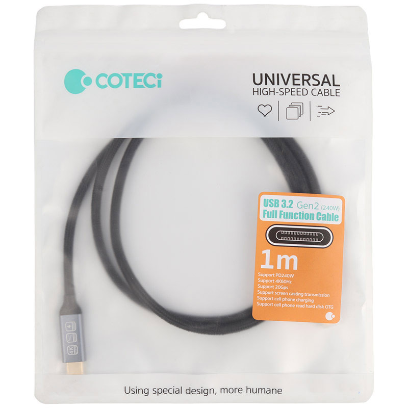 کابل تبدیل فست شارژ Coteci 87308 Type-C To Type-C PD 240W 1m