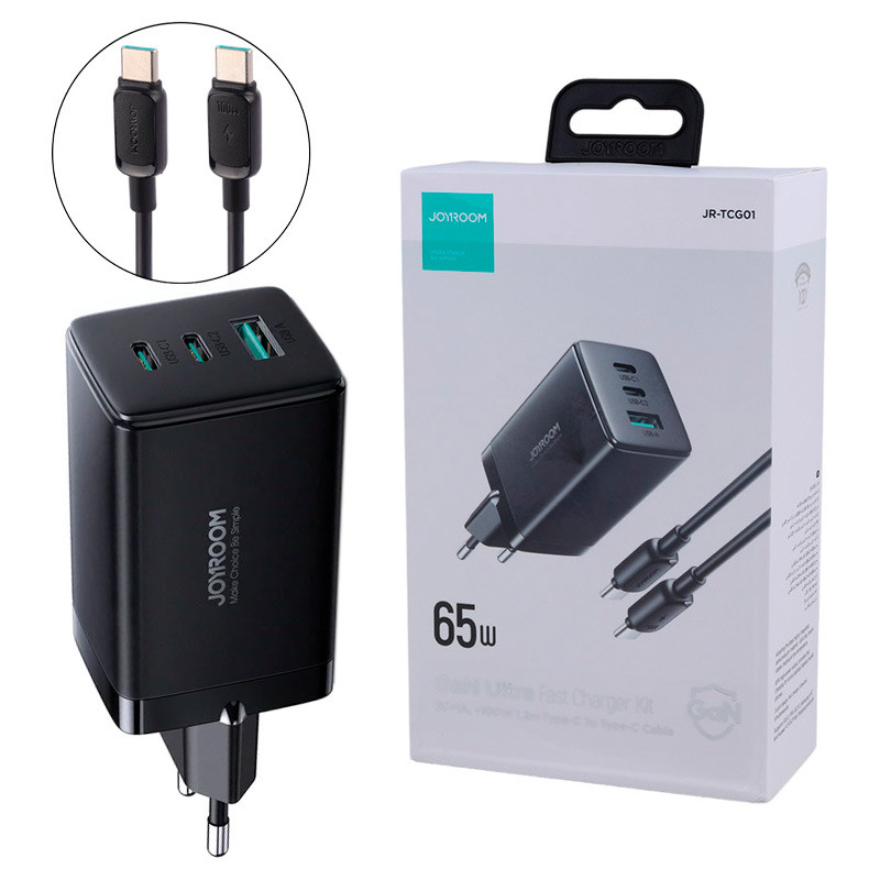 شارژر دیواری فست شارژ Joyroom JR-TCG01 3Port GaN 3.25A QC3.0 PD3.0 65W + کابل تبدیل تایپ سی