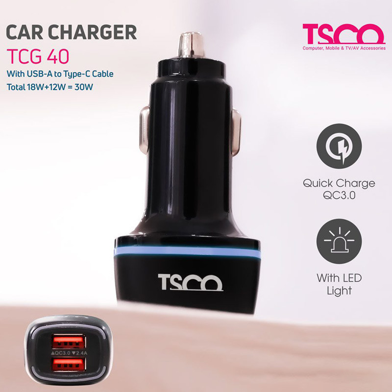 شارژر فندکی فست شارژ TSCO TCG40 QC3.0 PD 3A 18W + کابل تایپ سی