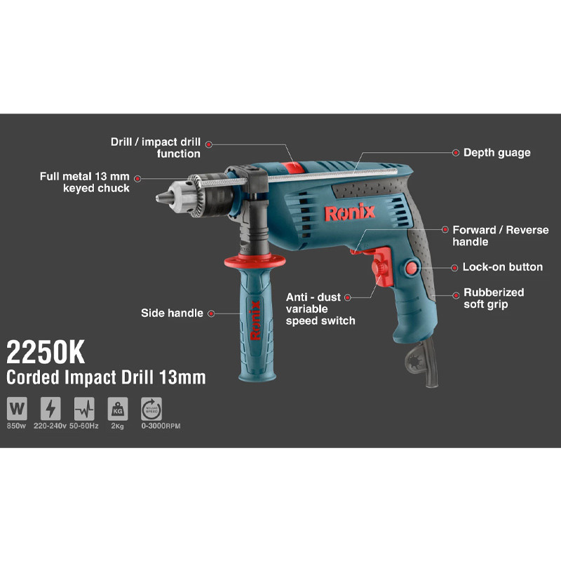 کیت دریل برقی چکشی Ronix 2250K
