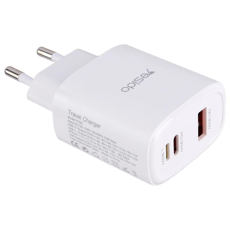 شارژر دیواری فست شارژ Yesido YC52 3Port 3A PD QC3.0 30W + کابل آیفونی