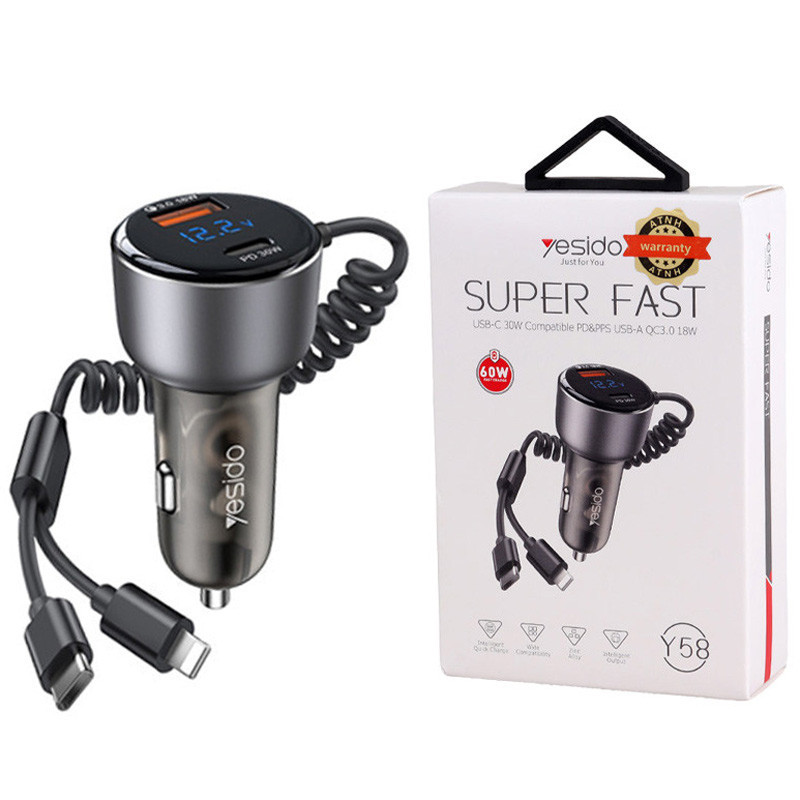 شارژر فندکی فست شارژ Yesido Y58 3A QC3.0 PD 30W