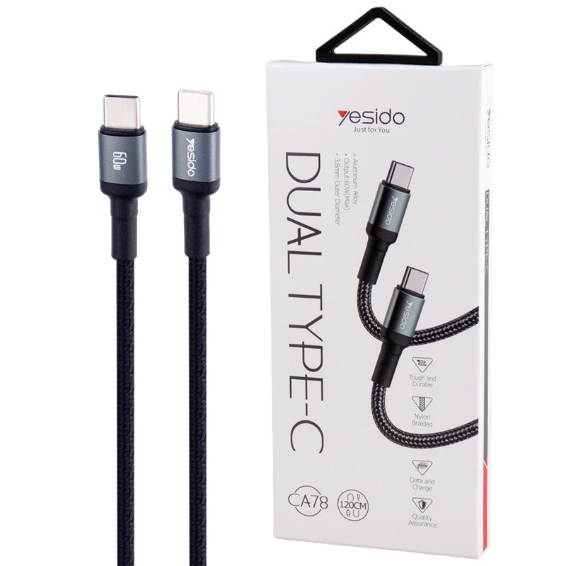 کابل تبدیل فست شارژ Yesido Type-C To Type-C CA78 60w 1.2m