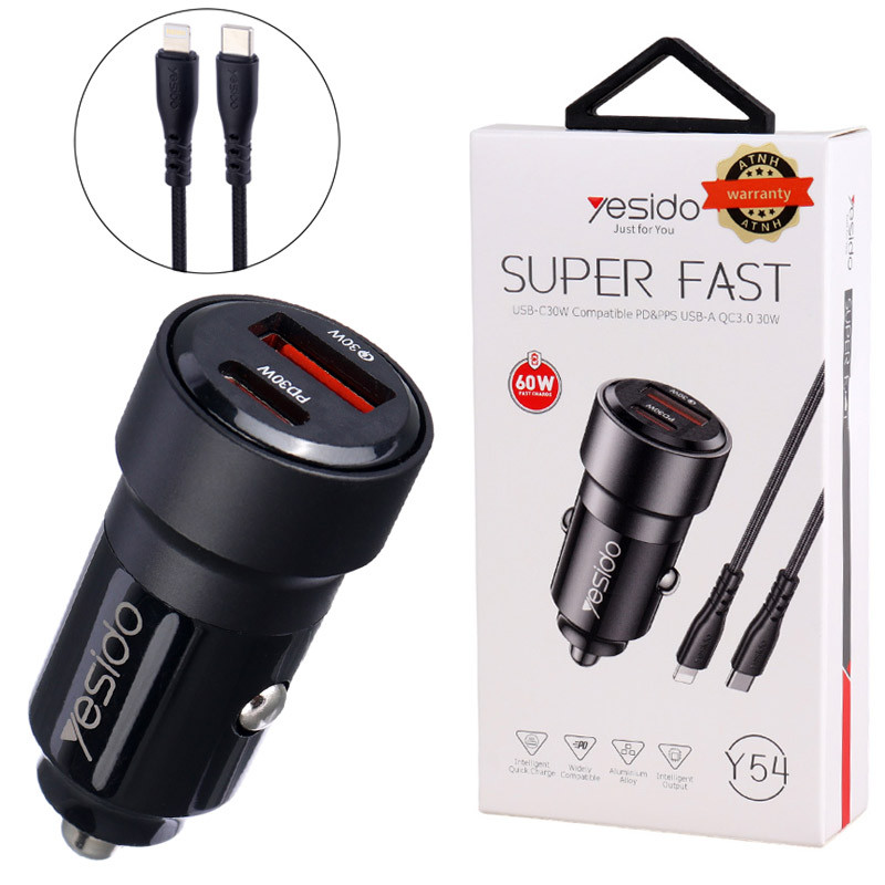 شارژر فندکی فست شارژ Yesido Y54 QC3.0 PD 4A 60W + کابل تبدیل آیفونی