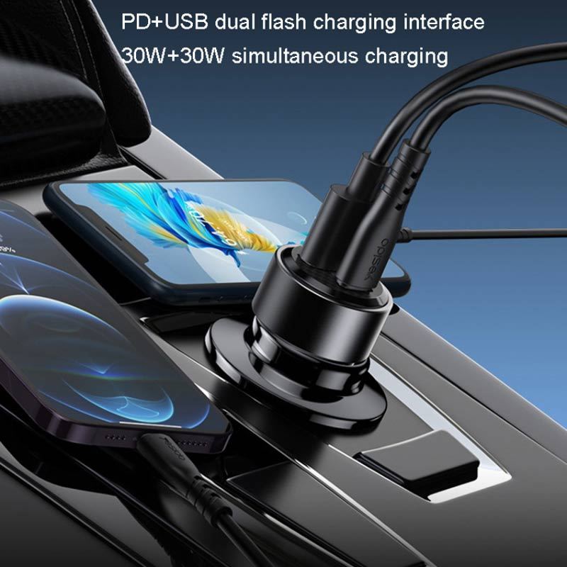 شارژر فندکی فست شارژ Yesido Y54 QC3.0 PD 4A 60W + کابل تبدیل آیفونی