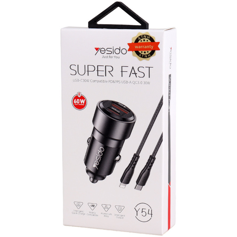 شارژر فندکی فست شارژ Yesido Y54 QC3.0 PD 4A 60W + کابل تبدیل آیفونی