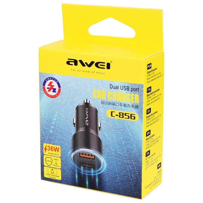 شارژر فندکی فست شارژ Awei C-856 3A QC3.0 PD 18W