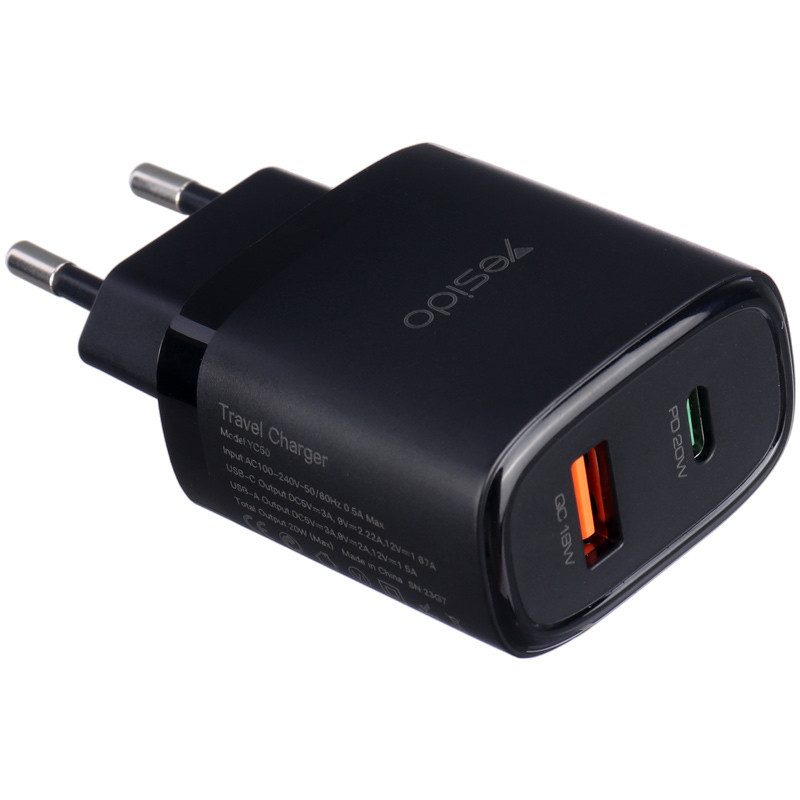 شارژر دیواری فست شارژ Yesido YC50 2Port 3A QC3.0 PD 20W + کابل تبدیل تایپ سی