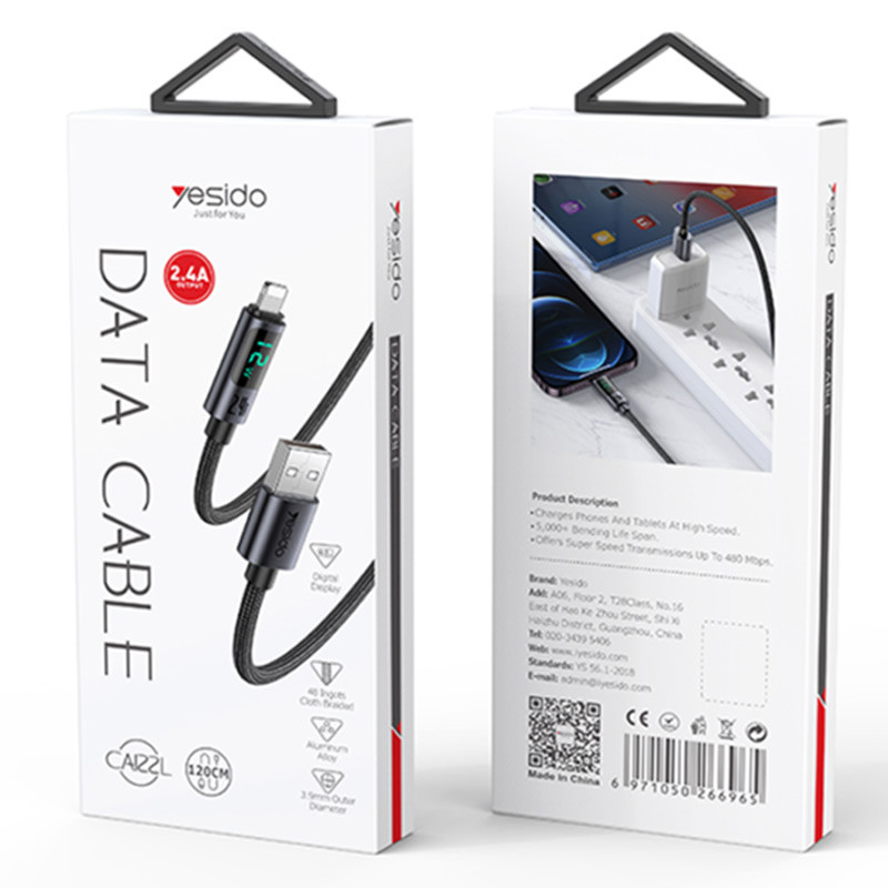 کابل آیفونی فست شارژ Yesido CA122L 2.4A 1.2m