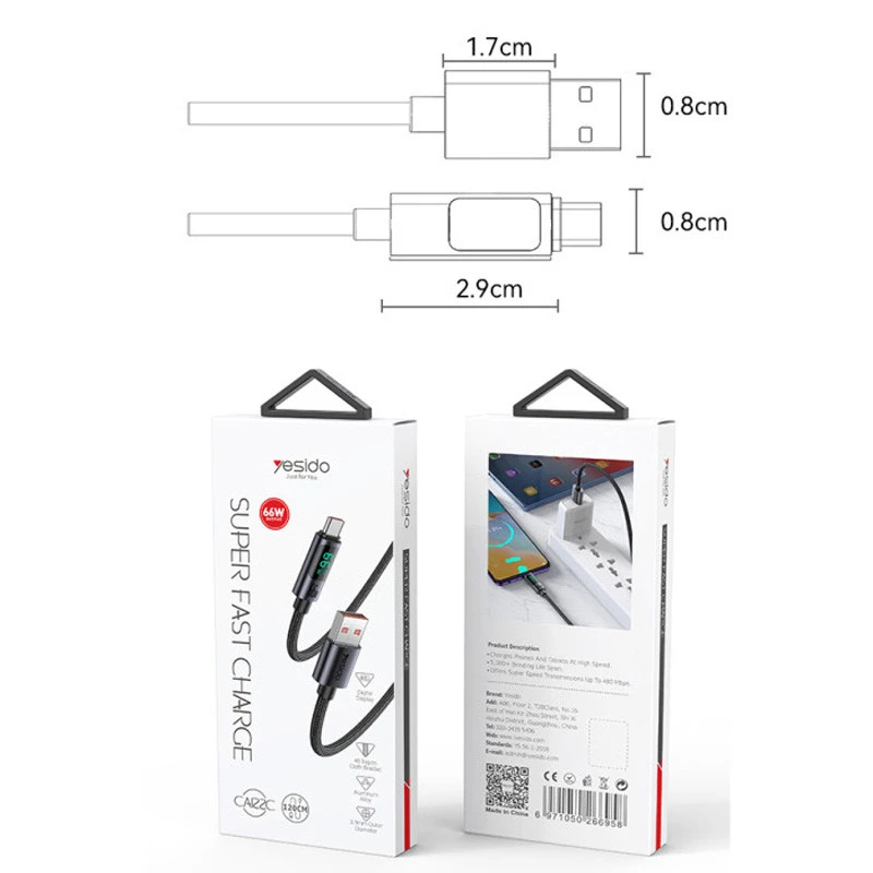کابل تایپ سی فست شارژ Yesido CA122C 66W QC 1.2m