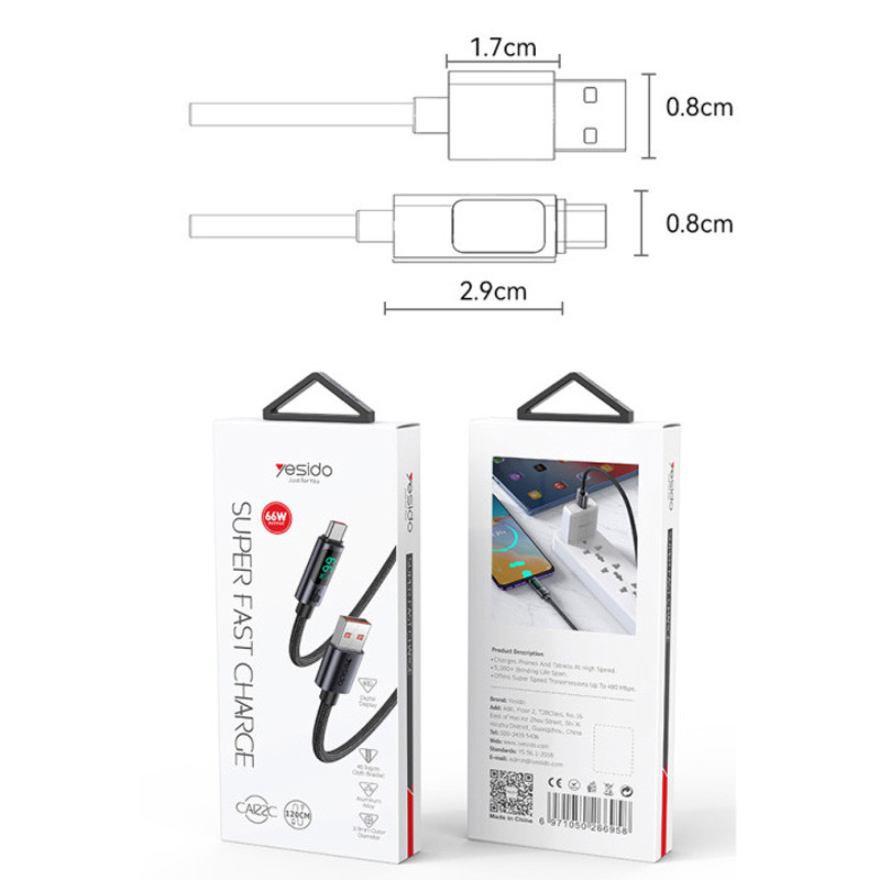 کابل تایپ سی فست شارژ Yesido CA122C 66W QC 1.2m
