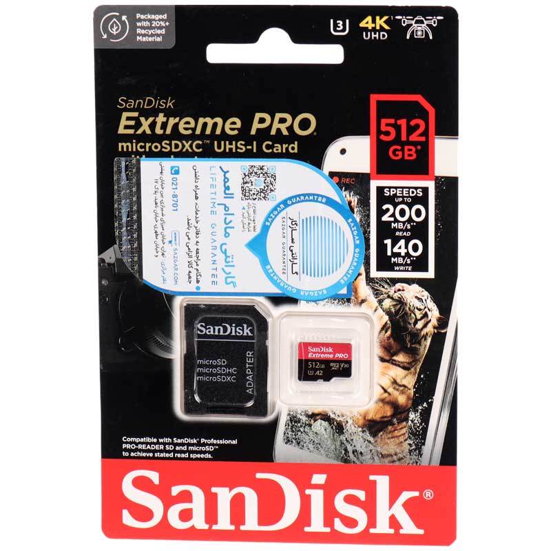 رم میکرو 512 گیگ سن دیسک SanDisk Extreme Pro A2 V30 U3 200MB/s + خشاب