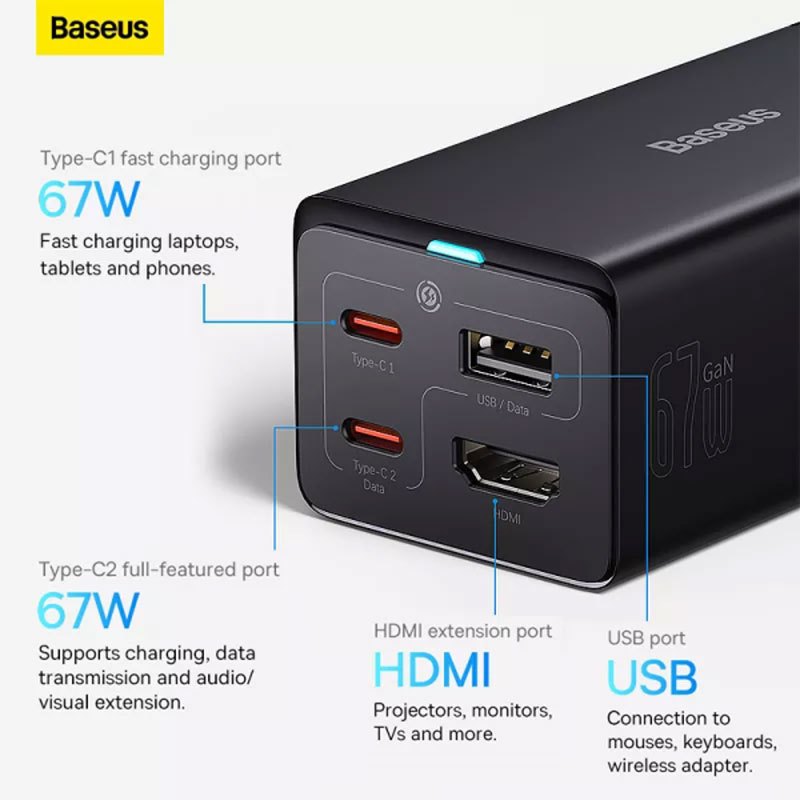 شارژر دیواری فست شارژ Baseus CCGP1100011 4Port GaN5 Pro 3.35A 67W + کابل تبدیل Type-C