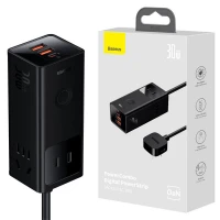 چند راهی برق 3 خانه برق ارت دار باسئوس PSLA00010 با کابل 1.5 متری + شارژر USB و Type-C