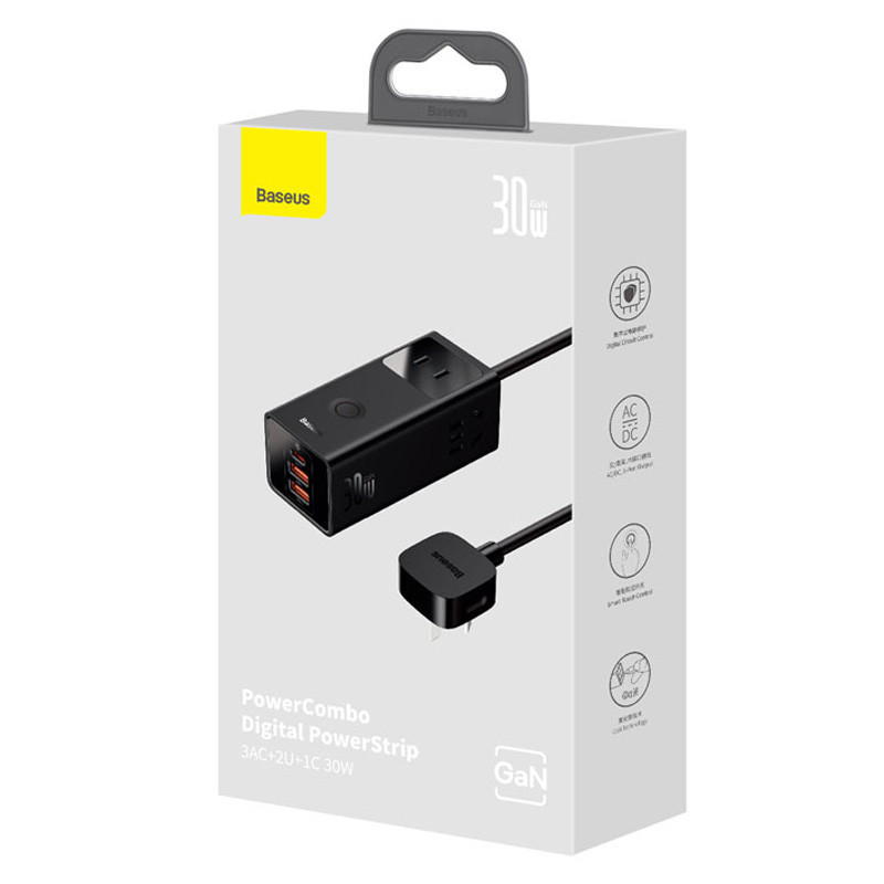 چند راهی برق 3 خانه برق ارت دار باسئوس PSLA00010 با کابل 1.5 متری + شارژر USB و Type-C