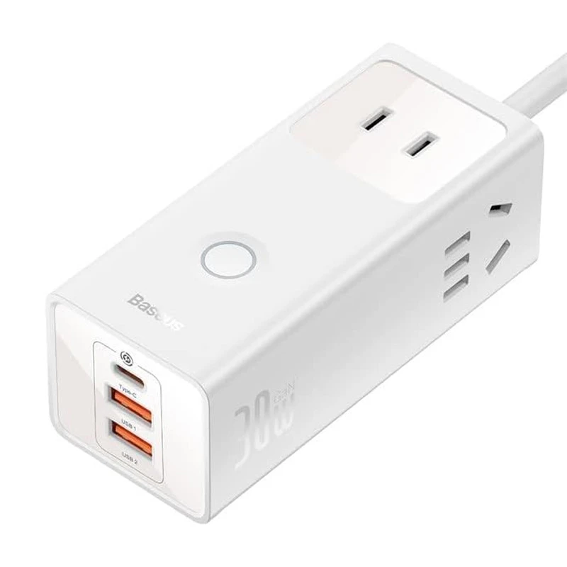 چند راهی برق 3 خانه برق ارت دار باسئوس PSLA00010 با کابل 1.5 متری + شارژر USB و Type-C