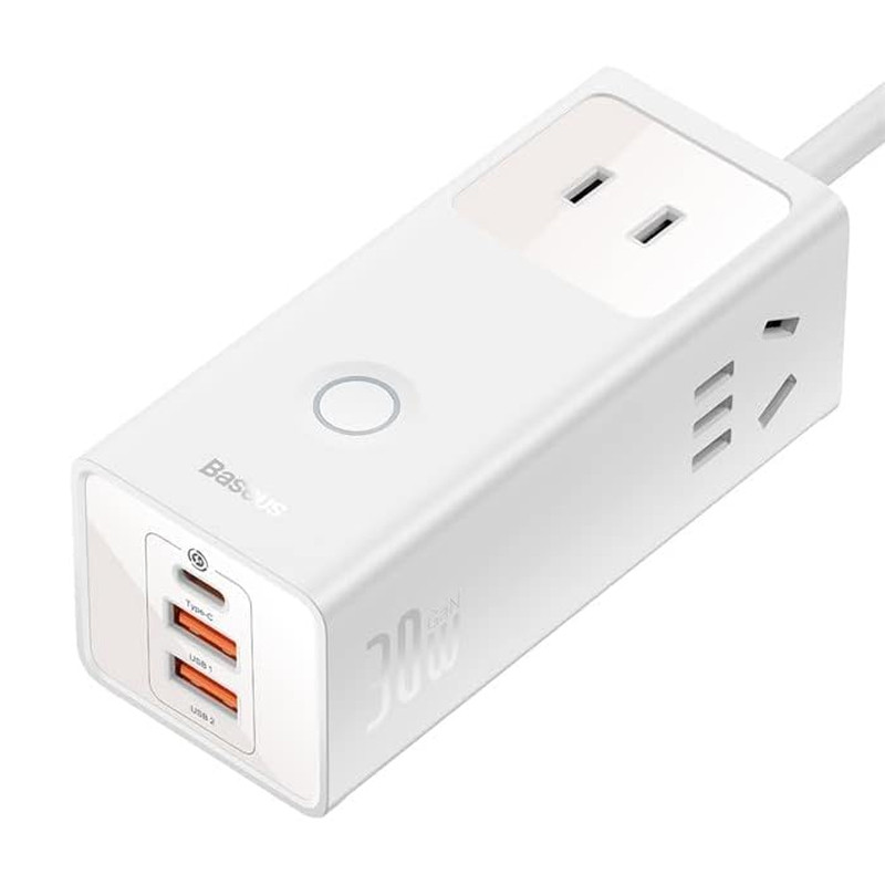 چند راهی برق 3 خانه برق ارت دار باسئوس PSLA00010 با کابل 1.5 متری + شارژر USB و Type-C