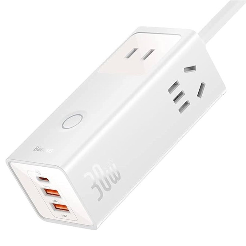 چند راهی برق 3 خانه برق ارت دار باسئوس PSLA00010 با کابل 1.5 متری + شارژر USB و Type-C