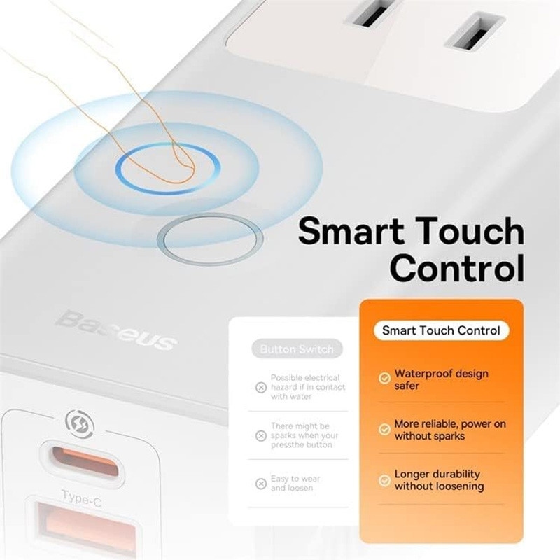 چند راهی برق 3 خانه برق ارت دار باسئوس PSLA00010 با کابل 1.5 متری + شارژر USB و Type-C