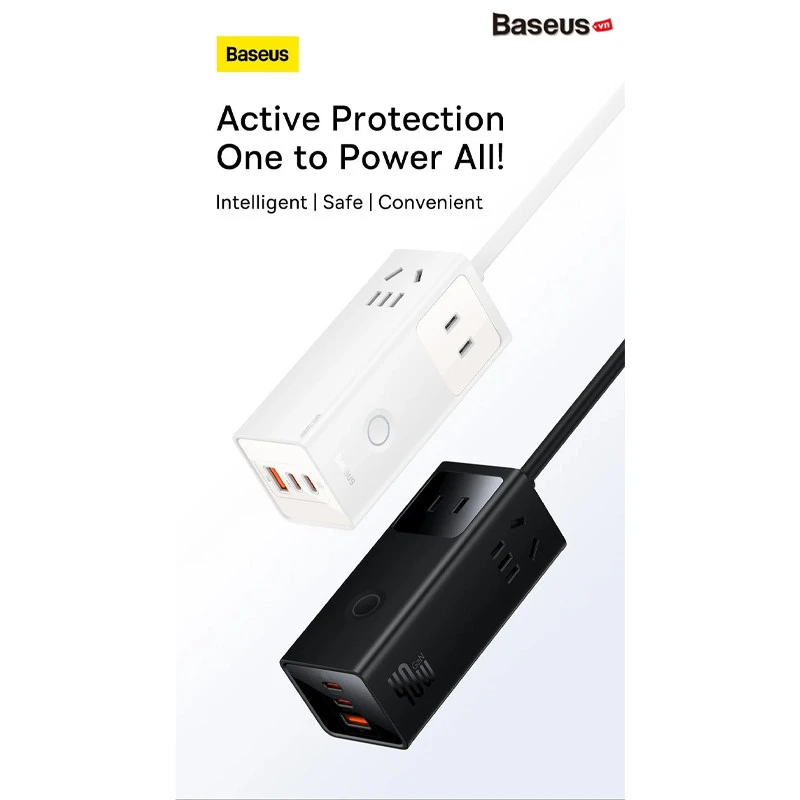 چند راهی برق 3 خانه برق ارت دار باسئوس PSLA00010 با کابل 1.5 متری + شارژر USB و Type-C