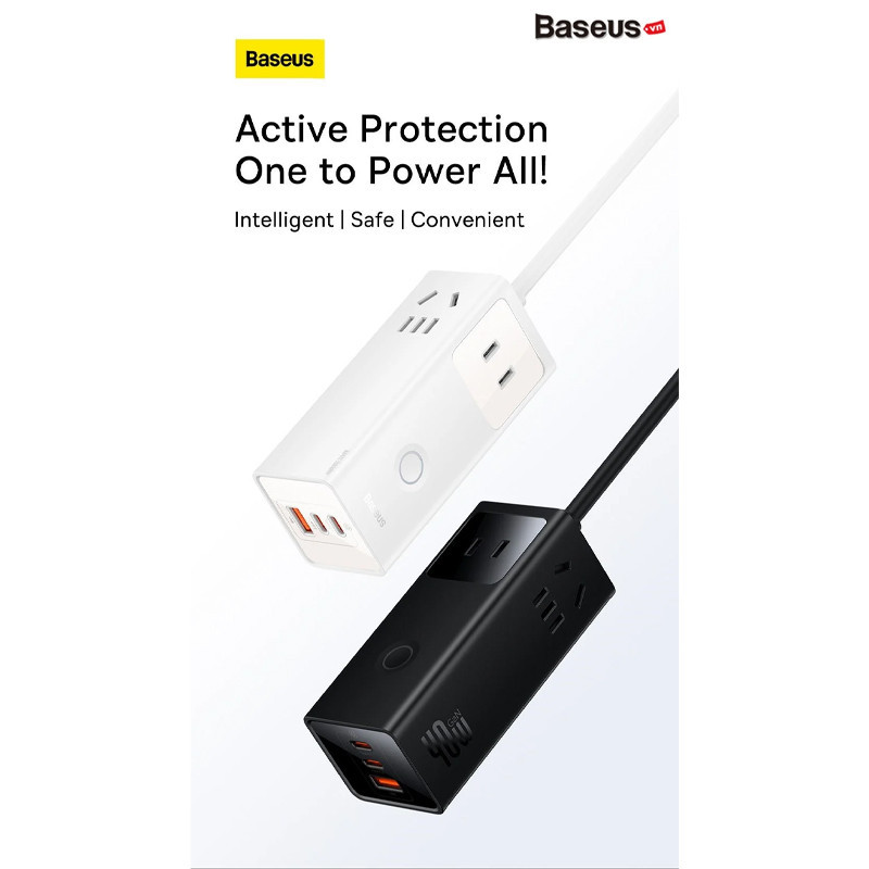 چند راهی برق 3 خانه برق ارت دار باسئوس PSLA00010 با کابل 1.5 متری + شارژر USB و Type-C