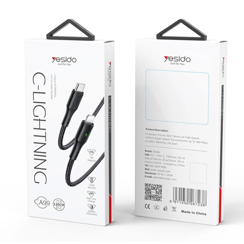 کابل تبدیل فست شارژ Yesido CA99 Type-C To Lightning PD 20W 1.2m