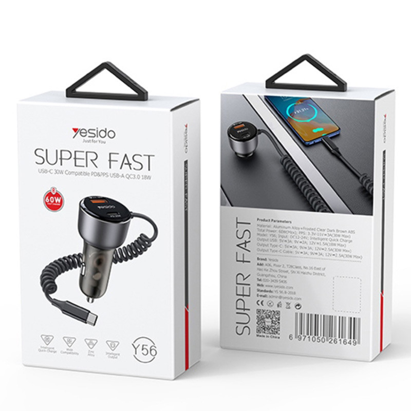 شارژر فندکی فست شارژ Yesido Y56 3A QC3.0 PD 60W 0