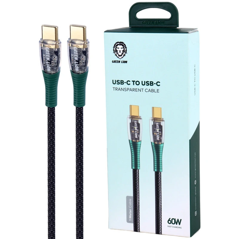 کابل تبدیل فست شارژ Green Lion Transparent Type-C To Type-C 60W 1m