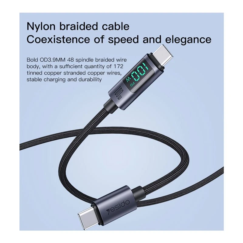 کابل تبدیل فست شارژ Yesido CA158 VOOC QC PD 100W Type-C To Type-C 1.2m