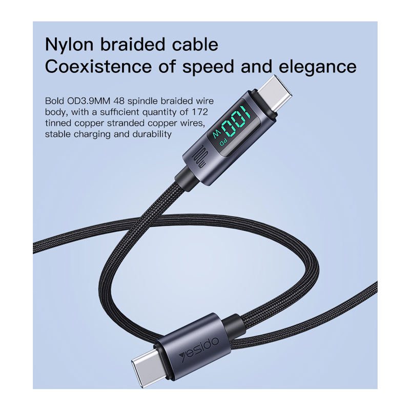کابل تبدیل فست شارژ Yesido CA158 VOOC QC PD 100W Type-C To Type-C 1.2m
