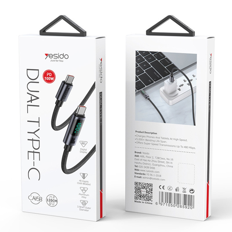 کابل تبدیل فست شارژ Yesido CA158 VOOC QC PD 100W Type-C To Type-C 1.2m