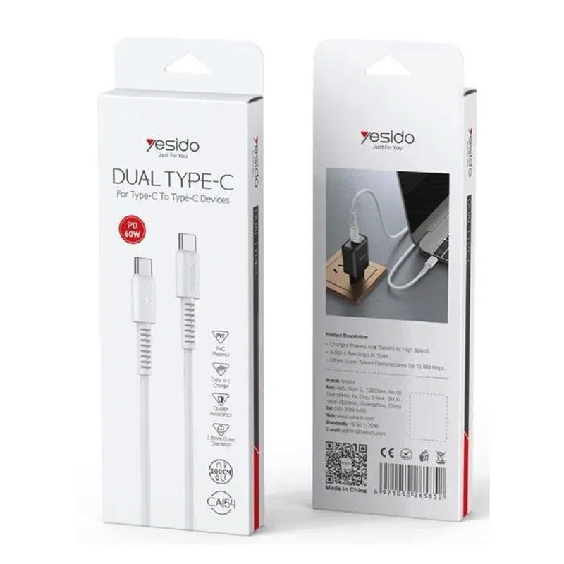 کابل تبدیل فست شارژ Yesido CA154 Type-C To Type-C PD 60W 1m