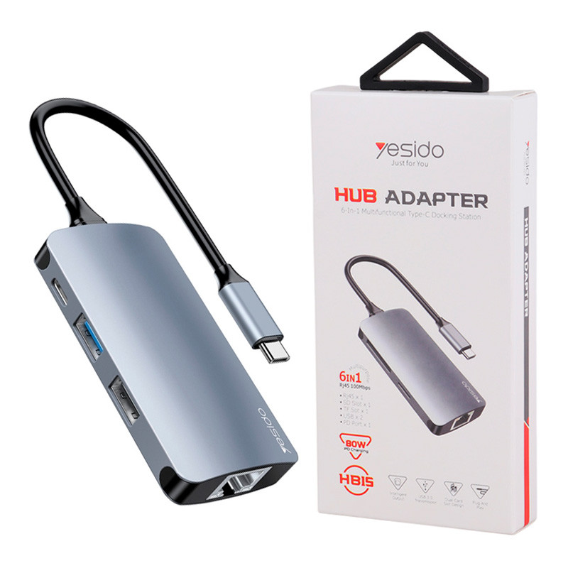 هاب و رم ریدر Yesido HB15 USB3.0/USB2.0/SD/Micro SD/RJ45/Type-C PD To Type-C