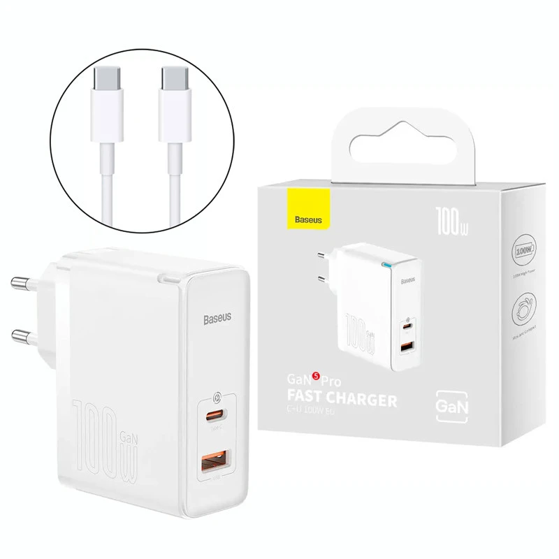 کلگی فست شارژ Baseus CCGP09020 GaN5 Pro 2Port 5A QC4.0+ PD3.0 100W + کابل تبدیل تایپ سی