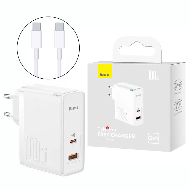 کلگی فست شارژ Baseus CCGP09020 GaN5 Pro 2Port 5A QC4.0+ PD3.0 100W + کابل تبدیل تایپ سی